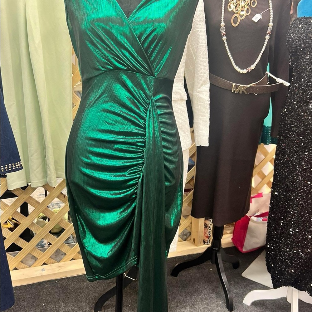 Emerald Green Draped Faux-Wrap Dress
